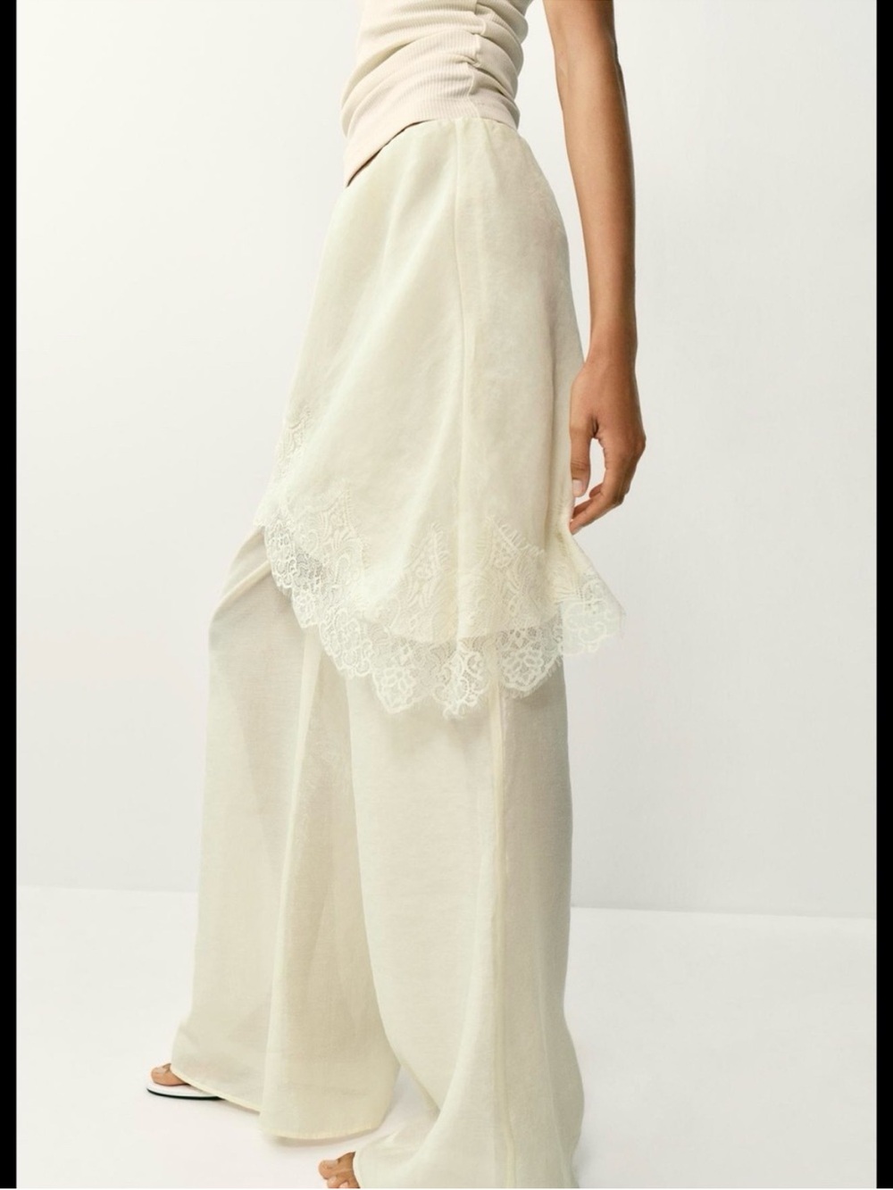 Zara Cream Wide-Leg Pants with Lace Overlay